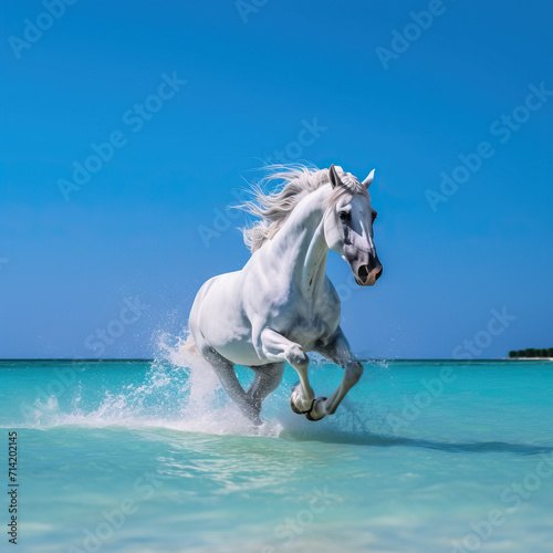 A sea with crystal clear blue waters and a galloping white horse