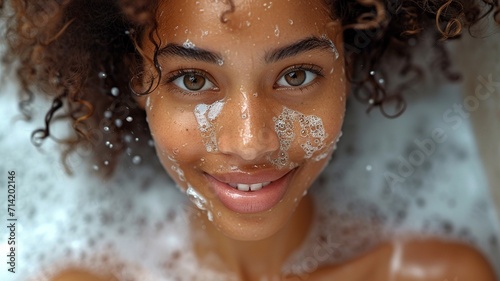 Close-up of smiling African woman taking a shower with gel or shampoo foam in bathroom ,generative ai