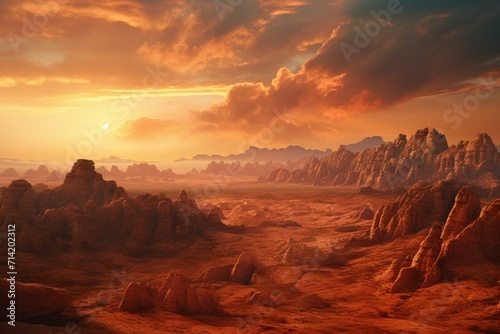 Aerial view of a colorful rocky desert with towering rock formations and sandstorms during a serene sunset  with a touch of fantasy. Generative AI