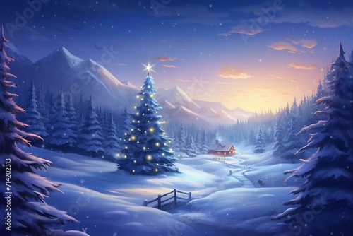 A snowy landscape with a Christmas tree. Generative AI © Delaney