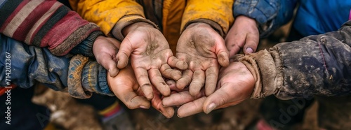 Exploited children's dirty hands close up, miserable kids holding sand, dirt, earth, soil or mud, living in poverty, victims of inequality, human exploitation symbol, working in metal mines industry