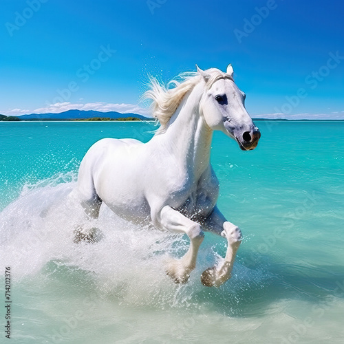 A sea with crystal clear blue waters and a galloping white horse
