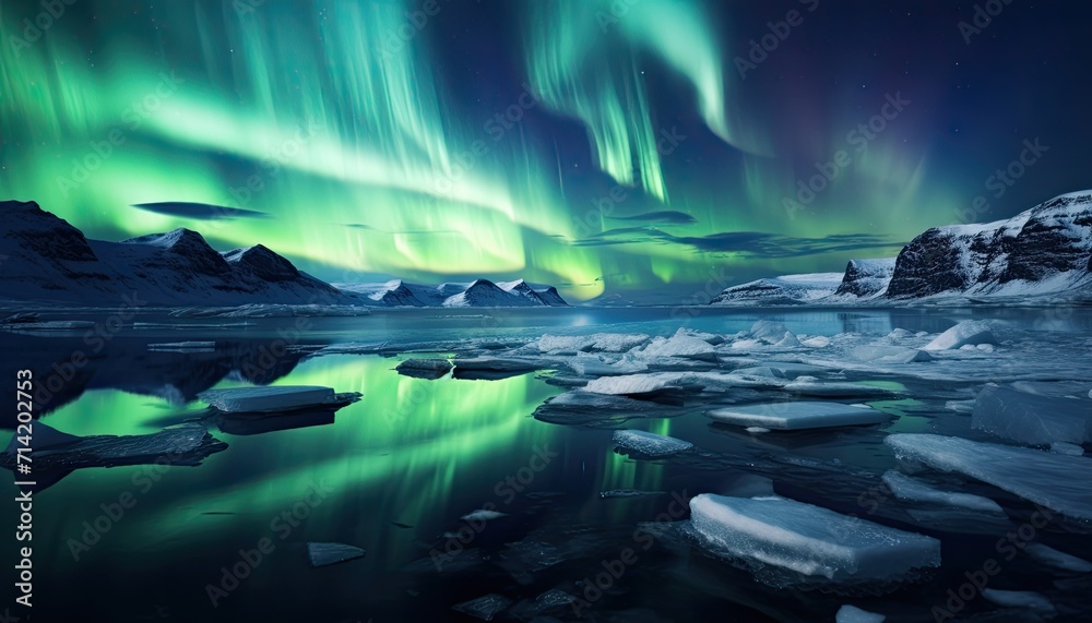 View of night sky with multicolored aurora borealis and snowy mountains peak background. Night glows in vibrant aurora reflection on the lake with forest. 