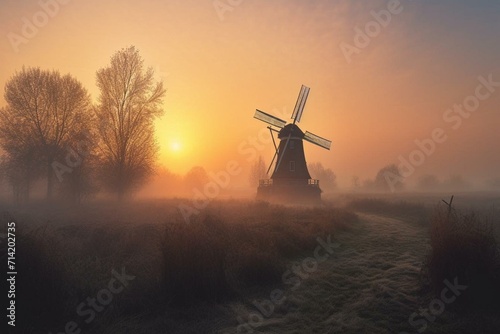 Landscape with windmill at sunrise. Generative AI photo
