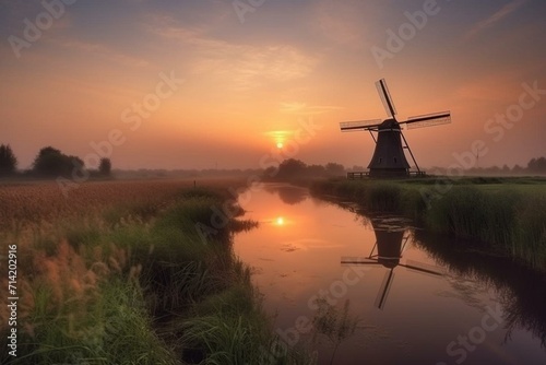 Landscape with windmill at sunrise. Generative AI