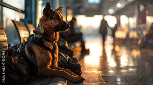 Police German shepherd dog in a city airport
