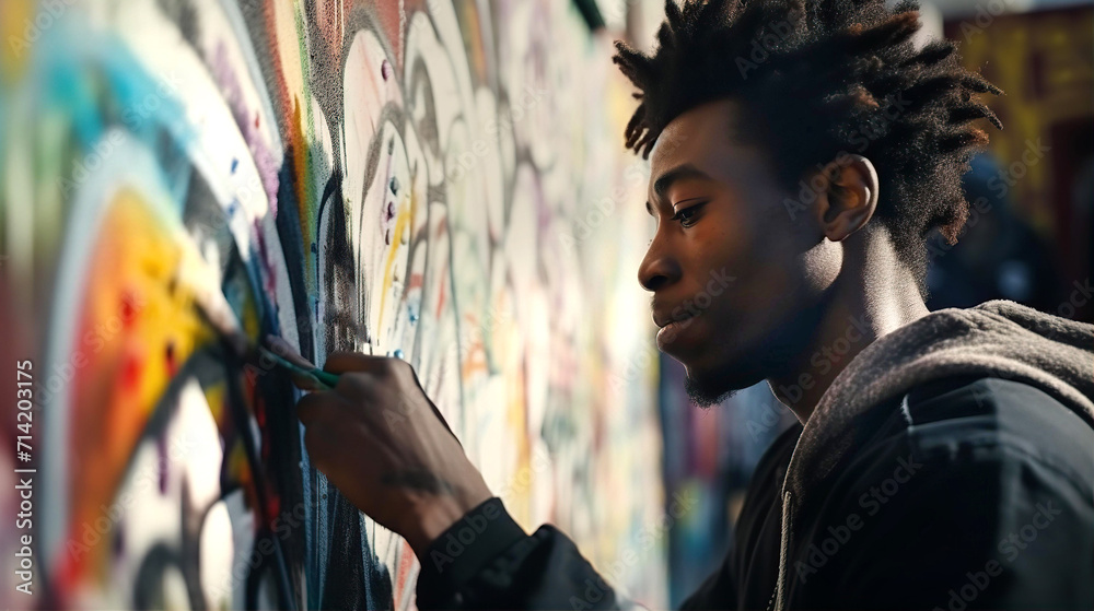 Obraz premium Young african american artist smiling against graffiti wall.