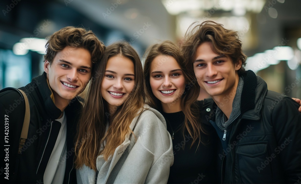 Portrait of Group of young students, friends in city. 