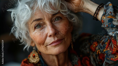 Portrait of a beautiful senior woman with grey hair and green eyes, relaxed and looking to camera