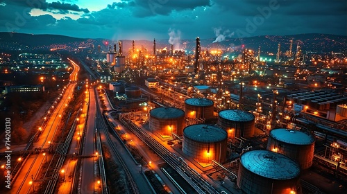 Aerial view of big oil refinery plant at night with beautiful lights. Industrial landscape.