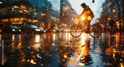 Man riding a bicycle in the rain on a rainy day. Blurred background © IRStone