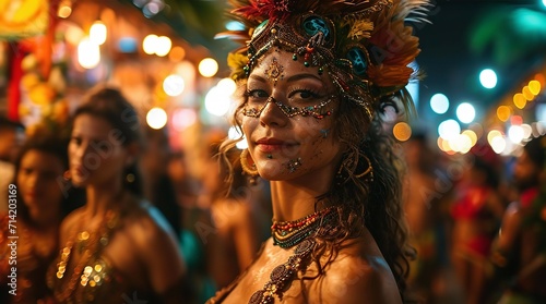 Beautiful young woman in Brazillian carnival costume posing in front of crowd