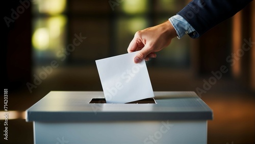 Close-up of male hand putting vote in ballot box at polling station