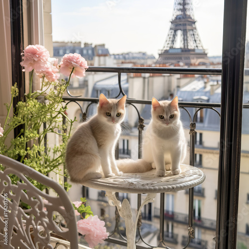 Charming Balcony Scene with Cats and Flowers Overlooking Eiffel Tower