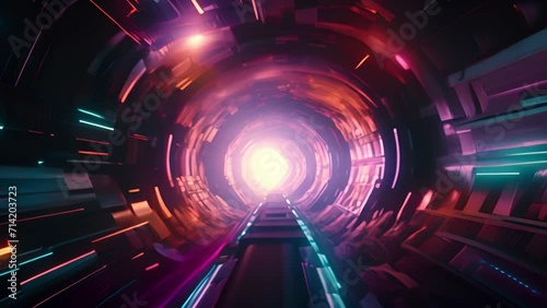Scifi virtual tunnel. Astronaut walking in spaceship tunnel, sci-fi shuttle corridor. Futuristic abstract technology. Technology and future concept. Flashing light. 3D animation moving photo