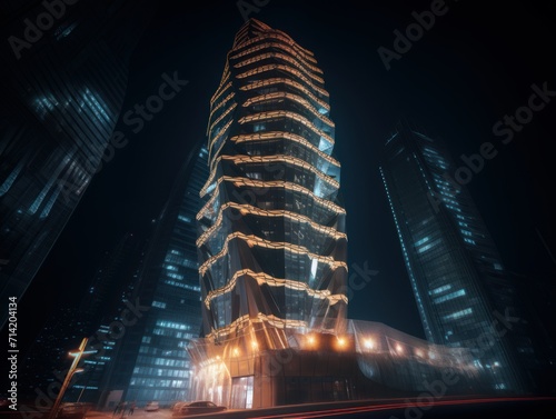 Futuristic skyscraper with a triangular-shaped exterior fa  ade  towering over the city skyline at night