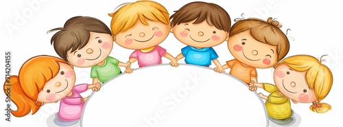 Group of children with customizable sign, forming a circle, holding hands and smiling, they hold a banner to add a text for a special event, offer or announcement, commercial design, education photo