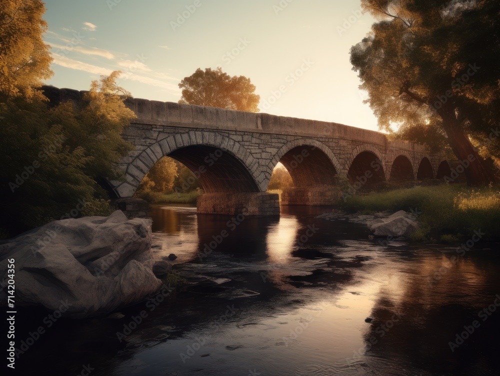 Historic stone bridge with intricate arches spanning over a serene river, captured at sunset