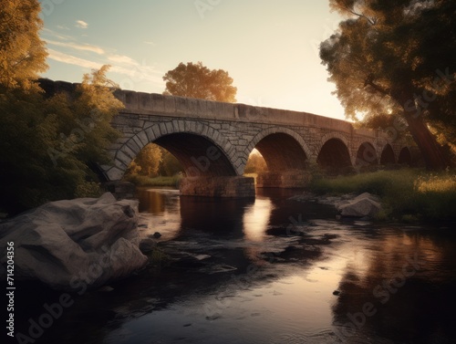 Historic stone bridge with intricate arches spanning over a serene river, captured at sunset