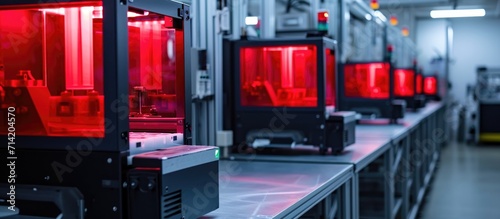 3D printers used for making safe masks for coronavirus; red screens printed in-house.