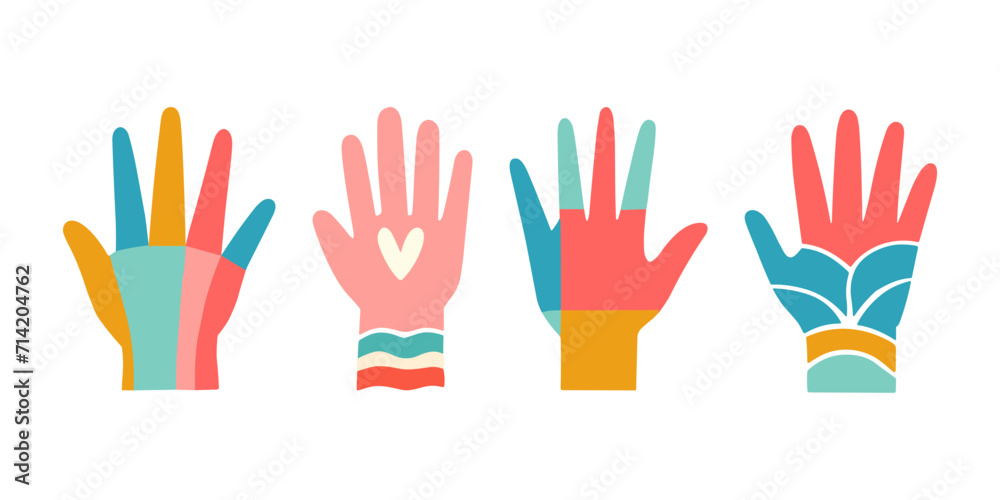 Fototapeta premium Vector hands with geometric patterns in a bright palette.