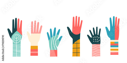Multicolored vector hands with patterns on a white background.