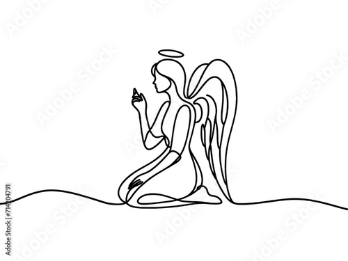 vector single line image of a kneeling angel in profile with wings and halo.