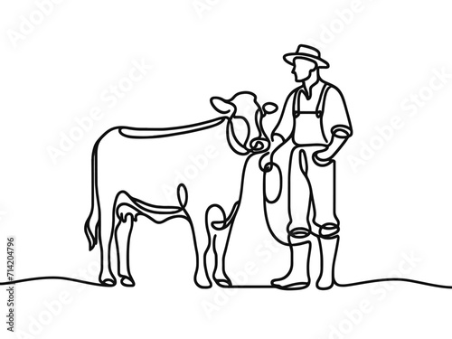 vector line drawing of a farmer with a cow on a white background.