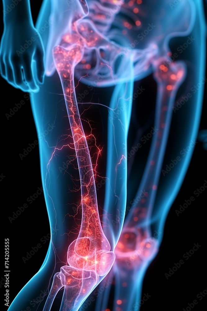 Thigh tendon injury, X - ray style, injury part with red luminous expression, the rest with blue expression,generative ai Thigh tendon injury, X - ray style, injury part with red luminous expression, the rest with blue expression,generative ai