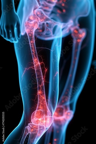 Thigh tendon injury, X - ray style, injury part with red luminous expression, the rest with blue expression,generative ai