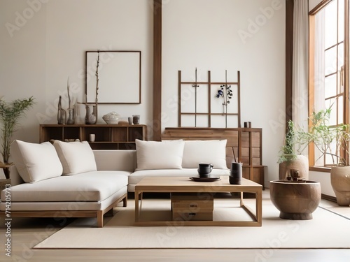 Living room interior with sofa  coffee table and japanese decor