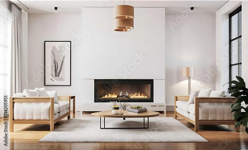 Two white sofas near fireplace against white wall with wooden cabinet and art poster. Scandinavian minimalist style home interior design of modern living room. Created with generative AI