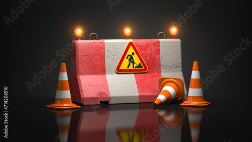 Under construction web site design. Road sign on barrier with traffic cones indicated reconstruction or rebuilding process. photo