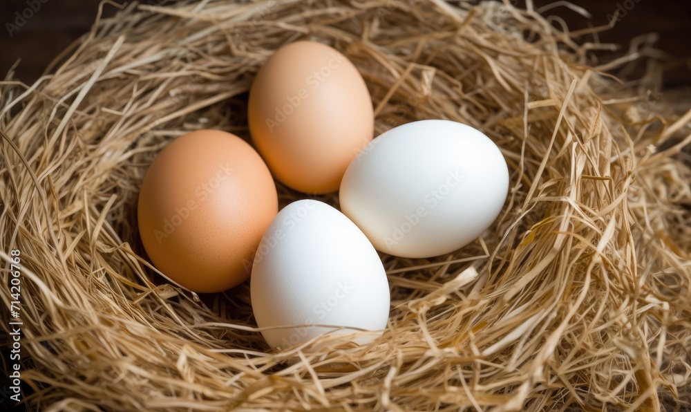 Four eggs in a nest of hay on a wooden table Four eggs in a nest of hay on a wooden table