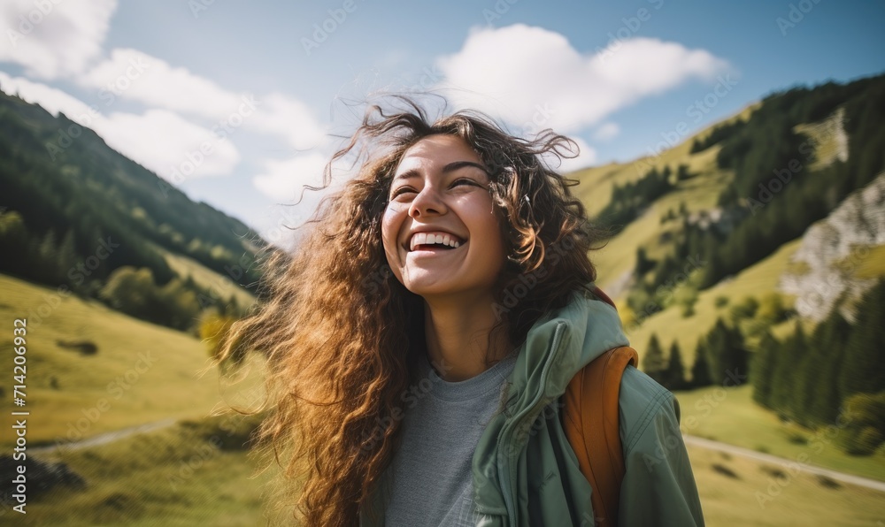 A woman with a backpack smiles at the camera A woman with a backpack smiles at the camera