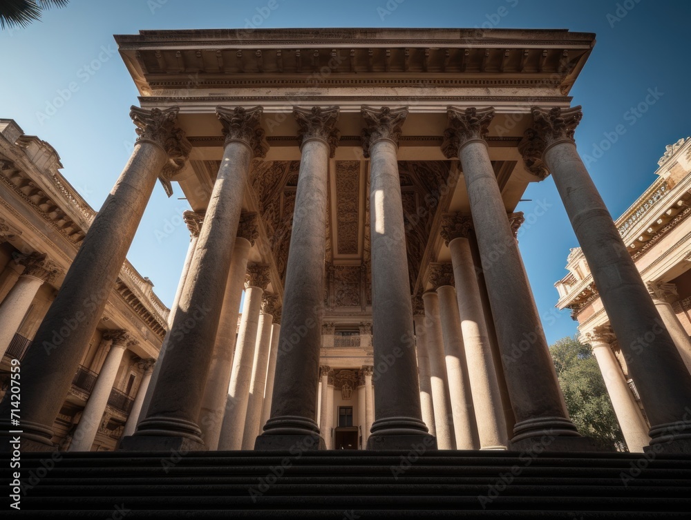 Monumental classical building with towering columns and a grand staircase