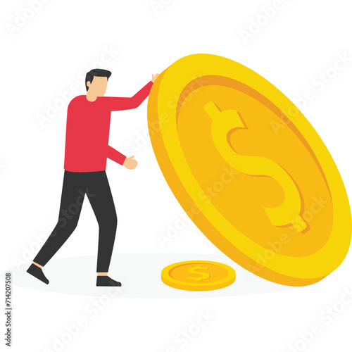 Businessman saves a small amount under a large sum of money, bad business impact, economic support, financial problems, Vector illustration design concept in flat style

