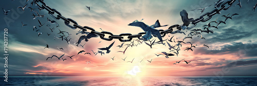 On The Wings Of Freedom - Birds Flying And Broken Chains - Charge Concept © john