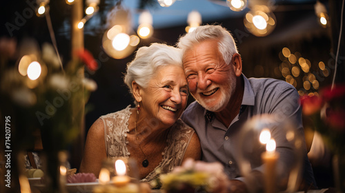 Senior Couple Sharing Laughter at Candlelit Dinner. A senior couple enjoying a hearty laugh together during a romantic candlelit dinner, with a bokeh light background.
