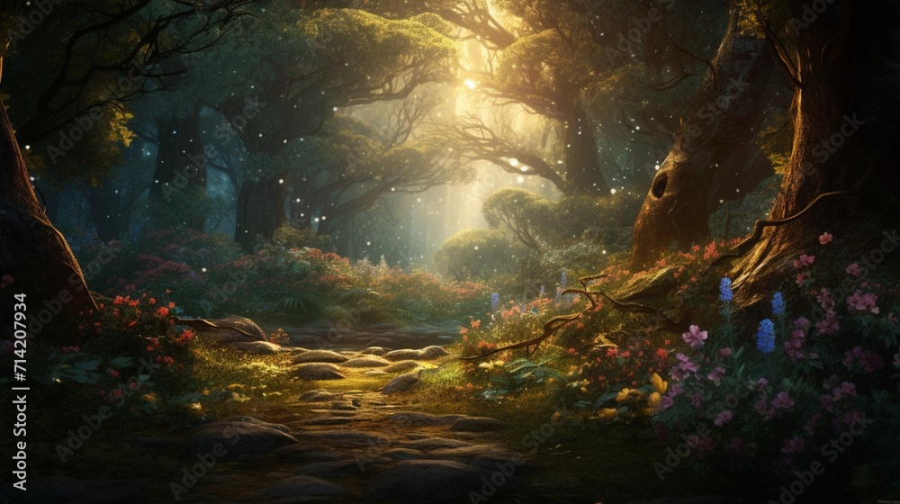 An enchanting forest clearing filled with magical light, offering a ...
