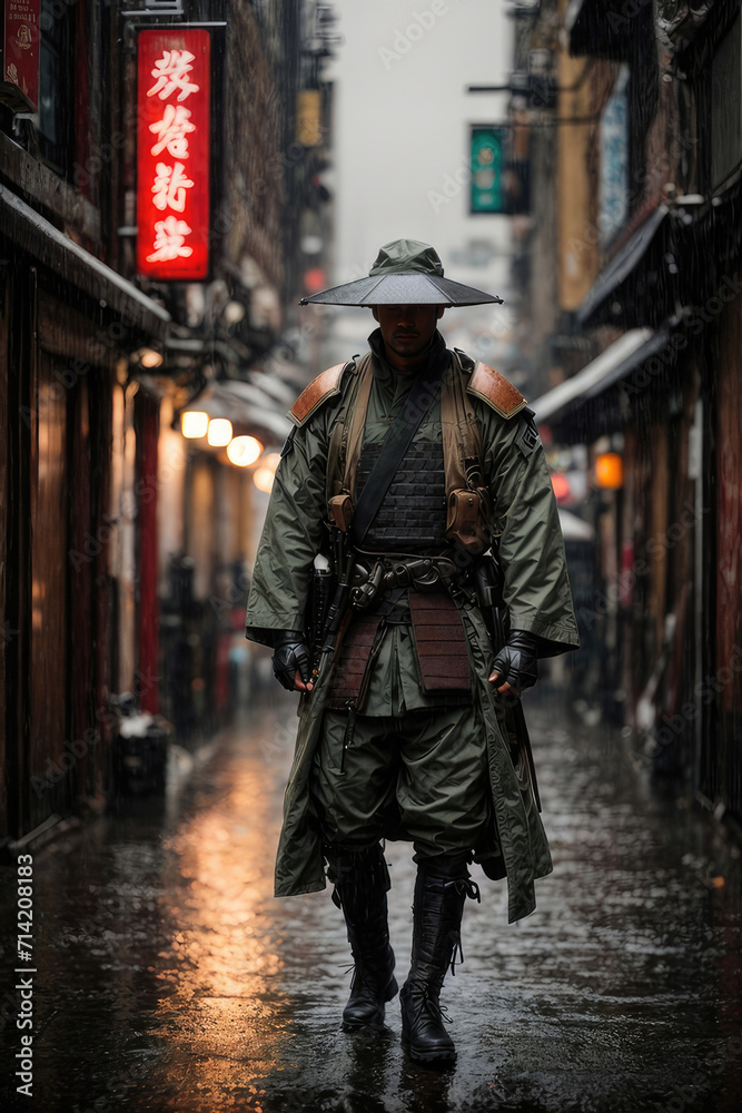 a man in a hat and raincoat walking down a street in the rain
