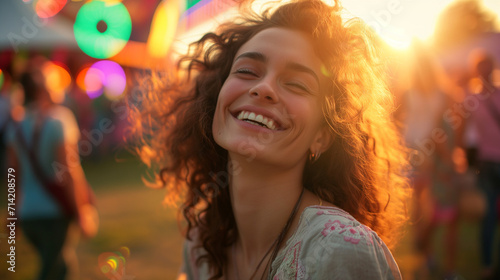 A free spirit happy woman at a music event, fair, amusement park or festival. shallow depth of field.