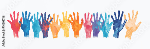 Colorful, joyful horizontal decorative banner on transparent background with hands of different colors, fun multicolored handprints, diversity, friendship and solidarity, mutual aid and teamwork 