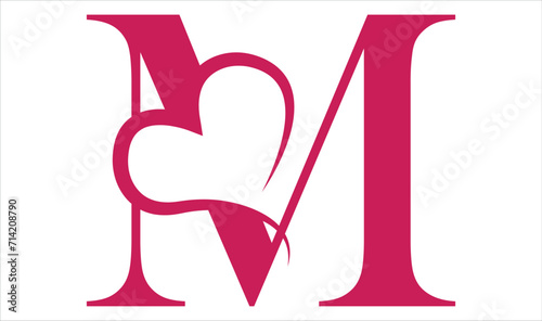Vector Vintage floral monogram letter M. Calligraphy element heart logo Valentine card flourish frame. Hand drawn Love sign for page decoration and design illustration.