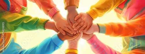 Beautiful digital illustration representing a colorful circle of children whose hands meet in the middle, union is strength, a pact of mutual aid, support and solidarity, teamwork, friendship for life photo