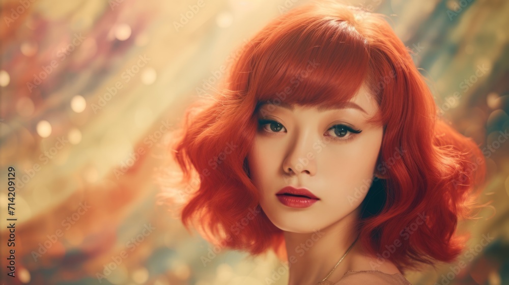 Photorealistic Adult Chinese Woman with Red Straight Hair retro Illustration. Portrait of a person in vintage 1920s aesthetics. Historic movie style Ai Generated Horizontal Illustration.