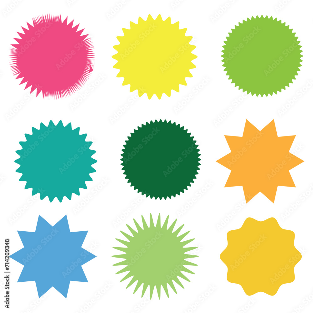 Set of 9 starburst, sunburst badges, labels, stickers. Different shades of different color. eps file 5. Set of 9 starburst, sunburst badges, labels, stickers. Different shades of different color. eps file 5.
