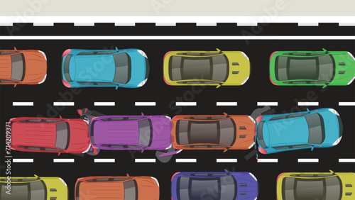 top view flat cartoon of car vehicle with crash braking emergency accident and road