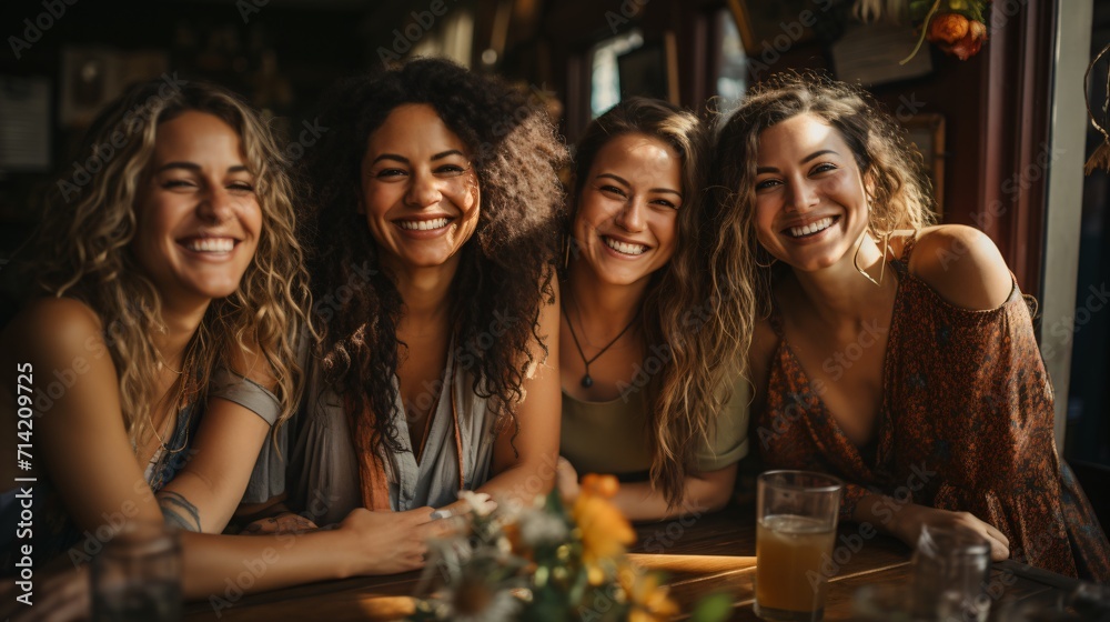 Four young women are sitting at a table smiling
