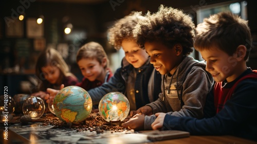 Five children are looking at a globe at a table